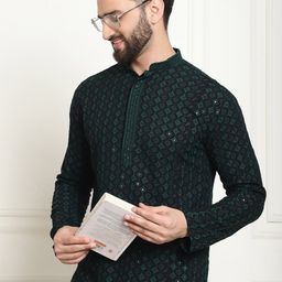 SOJANYA Ethnic Motifs Embroidered Mandarin Collar Sequined Pure Cotton Straight Kurta-image-98