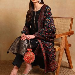 KALINI Ethnic Motifs Woven Design Round Neck Zari Straight Kurta With Trouser & Dupatta-picture-22