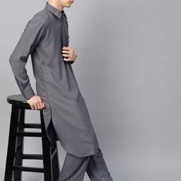 SOJANYA Men Grey Solid Kurta with Pyjamas image 4