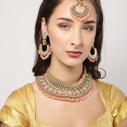 Zaveri Pearls Gold-Toned & Pink Kundan & Dangling Beads Jewellery Set-image-55
