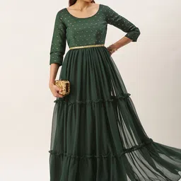 Ethnovog Green Embellished Georgette Ethnic Maxi Dress-image-6