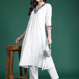 Indo Era Self Design Thread Work Pure Cotton Kurta with Trousers-53