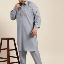 SOJANYA PLUS Men Grey Solid Pathani Kurta with Pyjamas image 5
