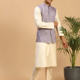 VASTRAMAY Straight Kurta With Churidar & Mirror Work Nehru Jacket-image-91