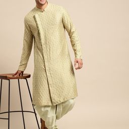KISAH Men Olive Green Woven Design Angrakha Kurta with Dhoti Pants-picture-58