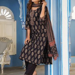 PIROH Women Black & Beige Ethnic Motifs Cotton Kurta with Trousers & Dupatta-11