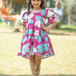 VASTRAMAY Girls Floral Printed Puff Sleeves Schiffli & Tiered Cotton Fit and Flare Dress-picture-53