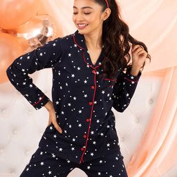 Nite Flite Women Navy Blue & White Printed Night suit-picture-41