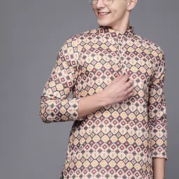 Indo Era Men Beige & Maroon Cotton Printed Kurta-picture-27