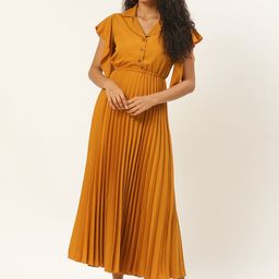 U&F Women Mustard Yellow Solid Accordion Pleated Maxi Dress-image-26
