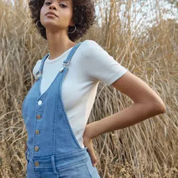 StyleStone Women Blue Solid Pure Cotton Straight Leg Dungarees-image-111