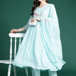 Indo Era Floral Embroidered Thread Work Pure Cotton Kurta with Trousers & With Dupatta-23