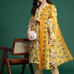 Indo Era Floral Printed Regular Pure Cotton Kurta with Trousers & Dupatta-picture-23
