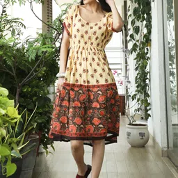 AKS Round Neck Ethnic Motifs Printed Tie-Ups Fit And Flare Knee Length Cotton Dress-image-71