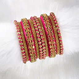 Peora Set of 10 Magenta Pink Handcrafted Silk Thread Kundan Studded Chuda Bangles-20