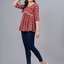 NEW4U V Neck Floral Print Lace Inserts Cotton Empire Top-picture-36