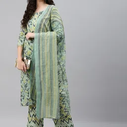 RAJGRANTH Women Turquoise Blue Floral Printed Pure Cotton Kurta with Palazzos & With Dupatta image 5