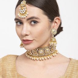 Shining Diva Women Gold-Plated White Kundan Studded Beaded Jewellery Set with Maang Tika-image-24