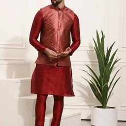 SOJANYA Men Maroon Kurta with Pyjamas & Nehru Jacket image 3