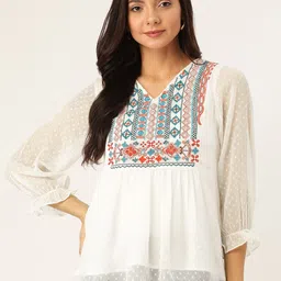 Antheaa Women White & Blue Self-Design A-Line Top-image-43
