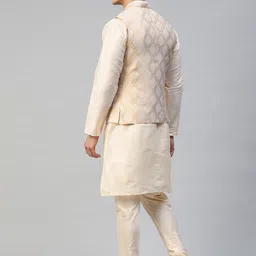 MANQ Men Cream-Coloured  Solid Kurta with Churidar & Woven Design Nehru Jacket image 4