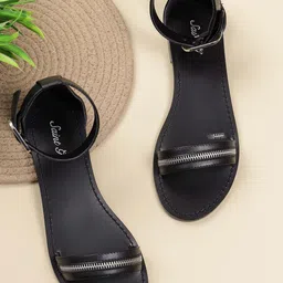 Saint G Leather Open Toe Flats with Buckles-image-3