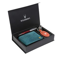 WildHorn Men Teal Blue & Orange RFID Protected Genuine Leather Accessory Gift Set-image-52