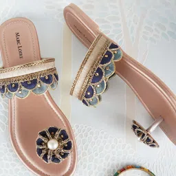 Marc Loire Women Blue Embellished T-Strap Flats-image-82
