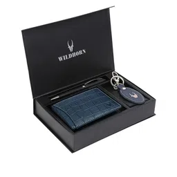 WildHorn Men Blue & Black RFID Protected Genuine Leather Wallet & Pen Accessory Gift Set-image-92