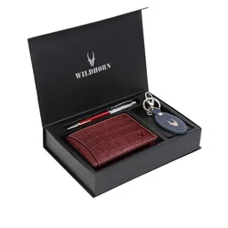 WildHorn Men Brown & Blue RFID Protected Genuine Leather Wallet & Pen Accessory Gift Set-image-68