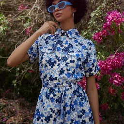 StyleStone Blue & White Floral Crepe Shirt Dress-image-72