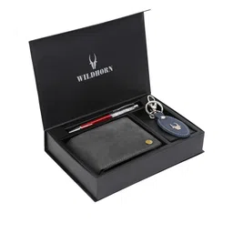 WildHorn Men Grey & Blue RFID Protected Genuine Leather Wallet & Pen Accessory Gift Set-image-84