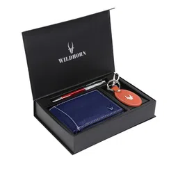 WildHorn Men Blue & Orange RFID Protected Genuine Leather Wallet & Pen Accessory Gift Set-image-100