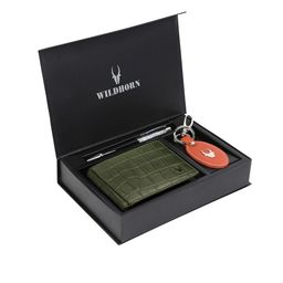 WildHorn Men Olive Green & Orange RFID Protected Genuine Leather Accessory Gift Set-image-33