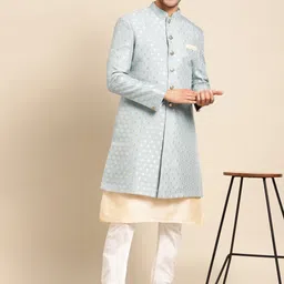 KISAH Men Grey & Beige Printed Sherwani With Jacket-16