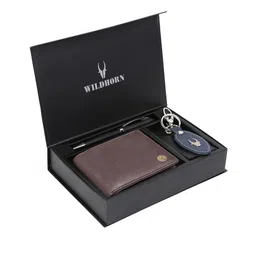 WildHorn Men Brown & Blue RFID Protected Genuine Leather Wallet & Pen Accessory Gift Set-image-71