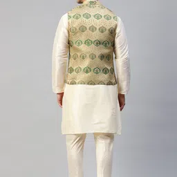 MANQ Men Cream-Coloured & Beige Solid Kurta with Churidar & Woven Design Nehru Jacket image 5
