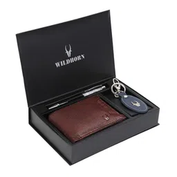 WildHorn Men Brown & Blue RFID Protected Genuine Leather Wallet & Pen Accessory Gift Set-image-76