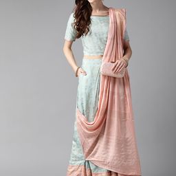 W Women Blue & Peach-Coloured Printed Top with  With Attached Dupatta image 2