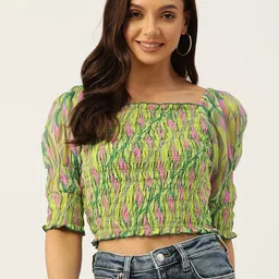 Antheaa Green & Pink Geometric Print Smocked Chiffon Crop Top-picture-24