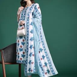 Indo Era Floral Printed Beads and Stones Pure Cotton Kurta with Trousers & With Dupatta-image-45