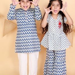 LIL DRAMA Girls Blue Printed Pure Cotton Kurti with Sharara-image-5