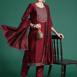 Indo Era Ethnic Motifs Yoke Design Sequinned Kurta with Trousers & Dupatta-10
