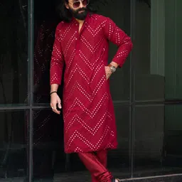 SHRESTHA BY VASTRAMAY Men Maroon Embroidered Mirror Work Kurta with Churidar-18