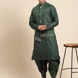 KISAH Men Teal Green Kurta with Dhoti Pants & Gotta Patti Nehru Jacket Set-54