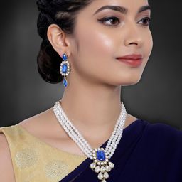 Peora White & Blue Gold-Plated Crystal Studded Handcrafted Jewellery Set-image-35