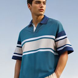 The Souled Store Blue & Beige Colourblocked Polo Collar Pure Cotton Casual T-shirt-image-15