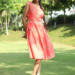 AKS Round Neck Floral Printed Pleated Cotton Fit & Flare Dress-image-94
