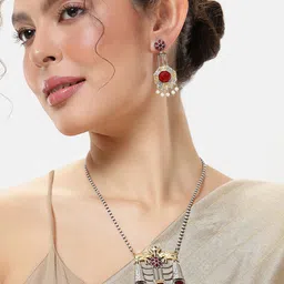 VIVAZS Silver-Plated & Dual Tone Ruby Studded Oxidised Necklace & Earrings Set-21