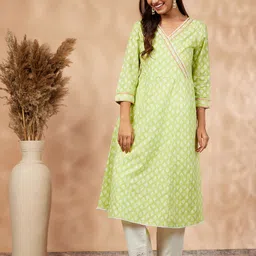 IMARA Ethnic Motifs Printed V Neck Thread Work A-Line Pure Cotton Kurta-11